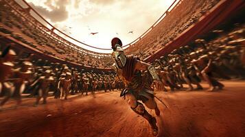generatief ai, realistisch illustratie van een woest gladiator aanvallend, rennen. gepantserd Romeins gladiator in gevecht zwaaiende een zwaard opladen naar zijn vijand. foto