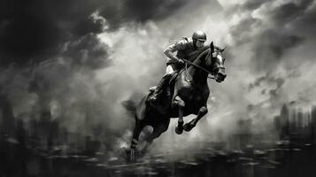 generatief ai, inkt geschilderd racing paard met jockey, ruiter sport, monochroom illustratie foto