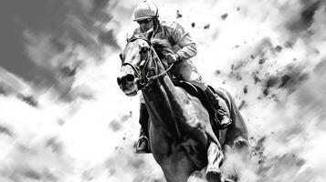 generatief ai, inkt geschilderd racing paard met jockey, ruiter sport, monochroom illustratie foto