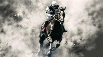 generatief ai, inkt geschilderd racing paard met jockey, ruiter sport, monochroom illustratie foto