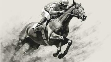 generatief ai, inkt geschilderd racing paard met jockey, ruiter sport, monochroom illustratie foto