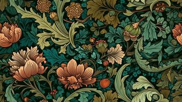 generatief ai, bloemen kleurrijk patroon. William morris geïnspireerd natuurlijk planten en bloemen achtergrond, wijnoogst illustratie. gebladerte ornament. foto