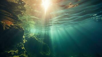 generatief ai, donker blauw oceaan oppervlakte gezien van onderwater- met zon licht foto