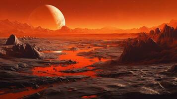 generatief ai, surrealistische visie van de oranje planeet landschap, sci-fi illustratie, rood Mars terrein. foto