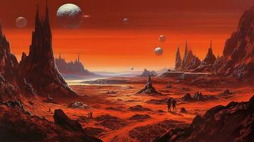 generatief ai, surrealistische visie van de oranje planeet landschap, sci-fi illustratie, rood Mars terrein. foto