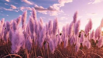 generatief ai, pampa Purper lavendel kleur gras Afdeling met lucht. abstract natuurlijk boho achtergrond van zacht planten, cortaderia selloana foto