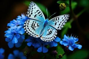 vlinder Aan een blauw bloem in de tuin. dichtbij omhoog, mooi vlinder zittend Aan een blauw bloem, ai gegenereerd foto