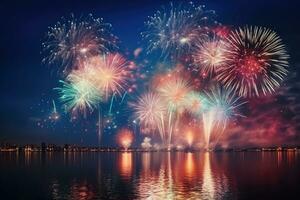 kleurrijk vuurwerk van divers kleuren over- nacht lucht met reflectie Aan water, mooi vuurwerk Scherm voor viering met vervagen bokeh licht, ai gegenereerd foto