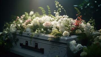 generatief ai, bloemen Aan een lijkkist in de begrafenis of begrafenis Diensten Bij begraafplaats, kist met bloemen foto
