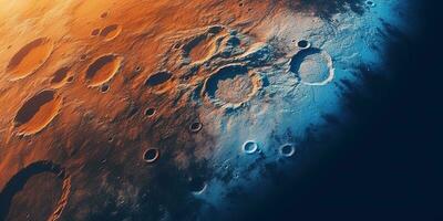 generatief ai, een ander buitenaards wezen planeet oppervlakte Verlichting, maan krater. ruimte achtergrond foto