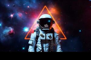 ruimtevaarder of astronaut met driehoekig vorm neon lichten. ai gegenereerd. foto