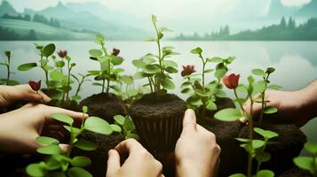 handen van mensen koesteren groen planten. wereld fabriek dag, milieu dag concept. ai gegenereerd foto