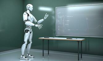 onderwijs robot en schoolbord in de klas. ai leraar concept. ai gegenereerd foto