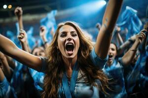 een vrouw in een druk stadion omringd door juichen fans ai gegenereerd foto