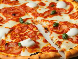 een pizza met kaas en peperoni Aan een houten bord ai gegenereerd foto