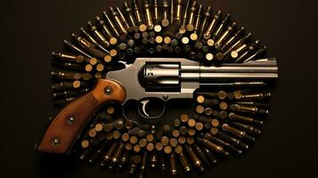 generatief ai, revolver geweer met kogels geïsoleerd Aan houten achtergrond, hand- geweer met munitie, pistool leger wapen foto