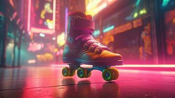 generatief ai, rol vleet in cyberpunk stijl, disco nostalgisch jaren 80, jaren 90. neon nacht lichten levendig kleuren, fotorealistisch horizontaal illustratie van de futuristische stad. sport werkzaamheid concept.. foto