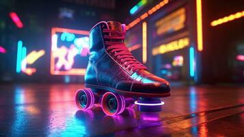 generatief ai, rol vleet in cyberpunk stijl, disco nostalgisch jaren 80, jaren 90. neon nacht lichten levendig kleuren, fotorealistisch horizontaal illustratie van de futuristische stad. sport werkzaamheid concept.. foto