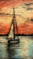 generatief ai, geschilderd kunst zeilboot, haven Aan de zonsondergang. cumulus wolken, geïnspireerd door Bernard buffet. hand- getrokken schip foto