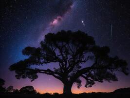 een majestueus boom aftekenen tegen een backdrop van de enorm nacht lucht gevulde met sterren ai gegenereerd foto