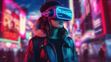 generatief ai, mooi vrouw in vr bril in neon ruimte straat, virtueel realiteit koptelefoon in cyberspace foto