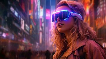 generatief ai, mooi vrouw in vr bril in neon ruimte straat, virtueel realiteit koptelefoon in cyberspace foto