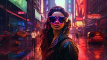 generatief ai, mooi vrouw in vr bril in neon ruimte straat, virtueel realiteit koptelefoon in cyberspace foto