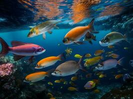 een groot groep van vis zwemmen in de oceaan ai gegenereerd foto