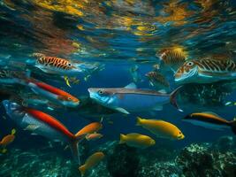 een groot groep van vis zwemmen in de oceaan ai gegenereerd foto