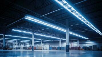 generatief ai, magazijn interieur met LED verlichting, industrie gebouw, distributie kleinhandel centrum, een deel van opslagruimte en Verzending systeem. foto