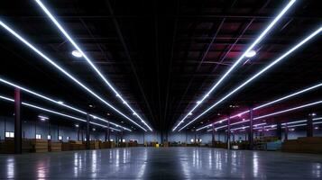 generatief ai, magazijn interieur met LED verlichting, industrie gebouw, distributie kleinhandel centrum, een deel van opslagruimte en Verzending systeem. foto