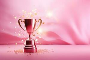 generatief ai, winnaar trofee met vlammen, roze gouden kampioen kop met vallend confetti Aan roze achtergrond foto