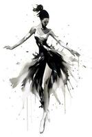 generatief ai, mooi dansen vrouw getrokken door zwart inkt of waterverf. hand- verf zwart en wit mode schetsen. foto