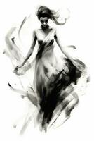 generatief ai, mooi dansen vrouw getrokken door zwart inkt of waterverf. hand- verf zwart en wit mode schetsen. foto