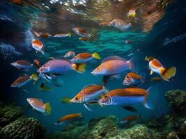 een groep van vis zwemmen in de oceaan ai gegenereerd foto