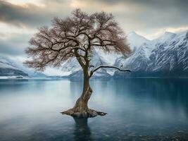 een eenzaam boom staat Aan de kust van een meer met bergen in de achtergrond ai gegenereerd foto