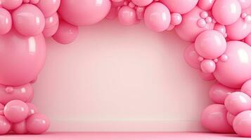 generatief ai, boog van roze ballonnen. verjaardag partij voor meisje 3d achtergrond, douche. model, sjabloon voor begroeting kaart foto