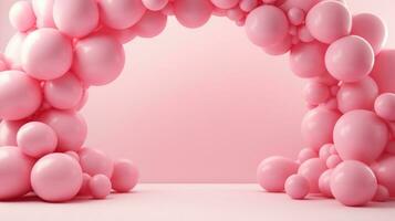 generatief ai, boog van roze ballonnen. verjaardag partij voor meisje 3d achtergrond, douche. model, sjabloon voor begroeting kaart foto