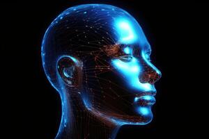 kunstmatig intelligentie- concept. ai robot menselijk hoofd verbonden lijnen. elektronisch brein, elektronisch verstand, cybernetisch kunstmatig neurale netwerk. 3d weergave. ai gegenereerd foto