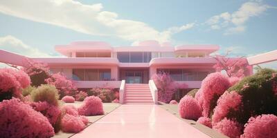 generatief ai, futuristische luxe roze huis omringd door weelderig groen foto