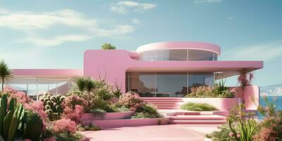 generatief ai, futuristische luxe roze huis omringd door weelderig groen foto