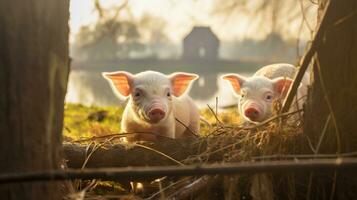 generatief ai, weinig varkens op zoek Bij de camera Aan een boerderij foto