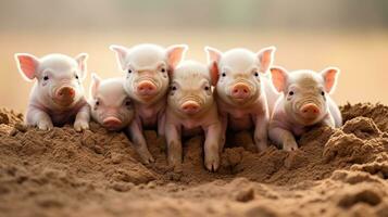 generatief ai, weinig varkens op zoek Bij de camera Aan een boerderij foto