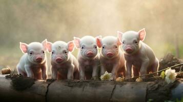 generatief ai, weinig varkens op zoek Bij de camera Aan een boerderij foto