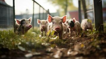 generatief ai, weinig varkens op zoek Bij de camera Aan een boerderij foto