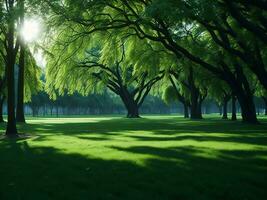een groen met gras begroeid veld- met bomen en gras ai gegenereerd foto