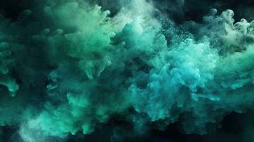 fusie van glinsterende blauw en groen schitteren, creëren een nevelig stoom- wolk Aan een donker zwart abstract kunst achtergrond. kleur de nevel. inkt water. nevel textuur. fantasie nacht lucht. ai gegenereerd foto