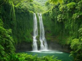een waterval omringd door weelderig groen vegetatie ai gegenereerd foto
