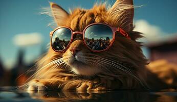 rood kat in zonnebril Aan een blauw achtergrond. gemaakt met generatief ai foto