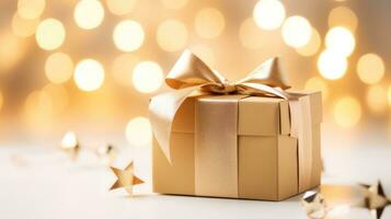 goud giftbox Aan bokeh achtergrond. generatief ai. foto